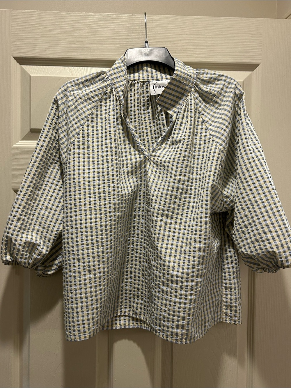 Finley Blue and Cream Checked Puff-Sleeve Blouse